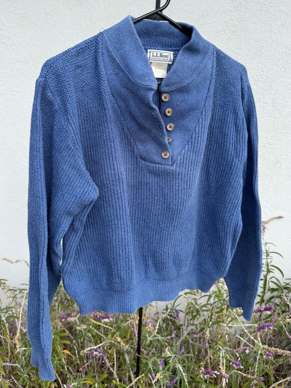 Vintage L.L. Bean 100% Cotton Women's Blue Quarter-Button-Front Ribbed Sweater